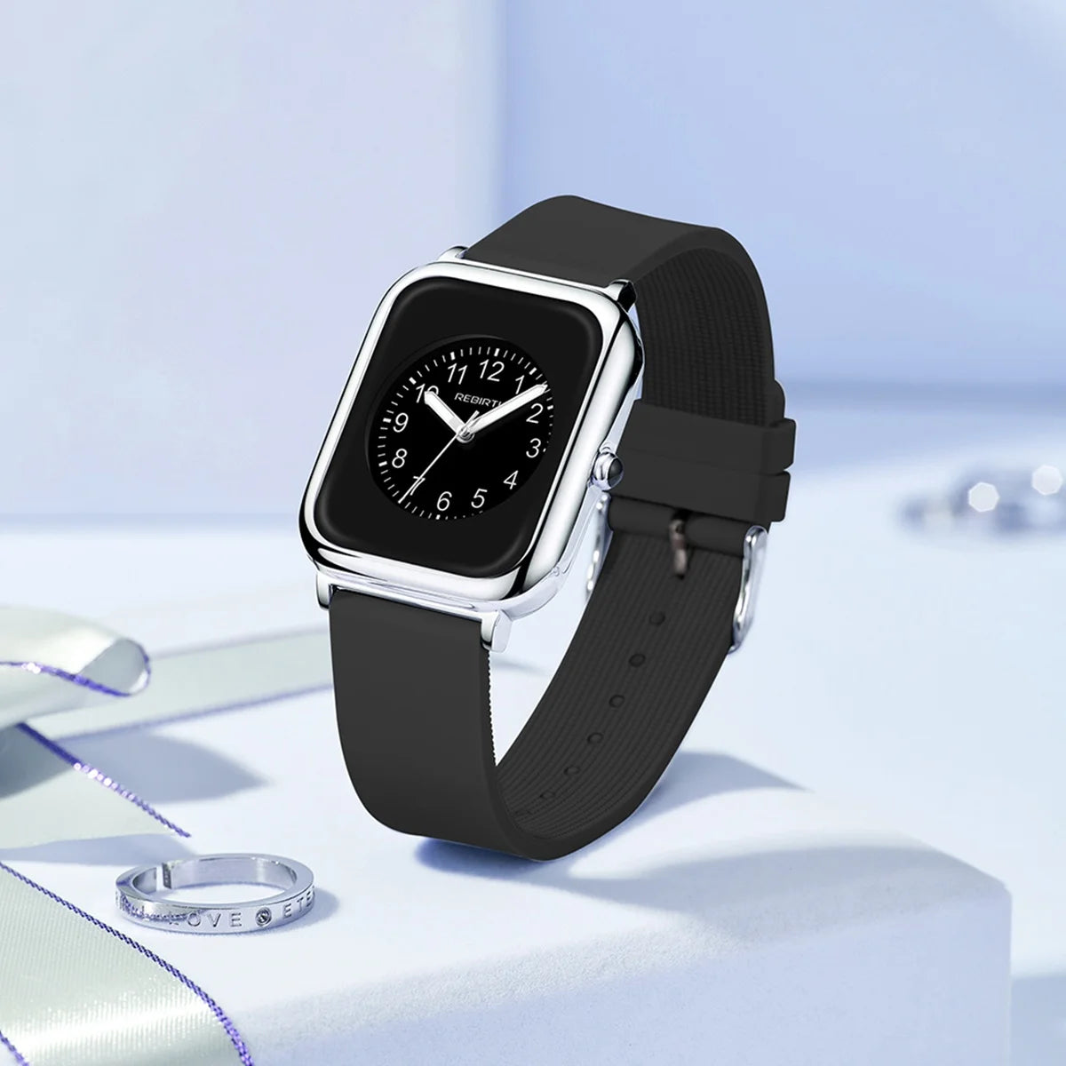 REBIRTH Retro Square Quartz Watch – Silicone Band, 3 Bar Quartz Wristwatch Nixie
