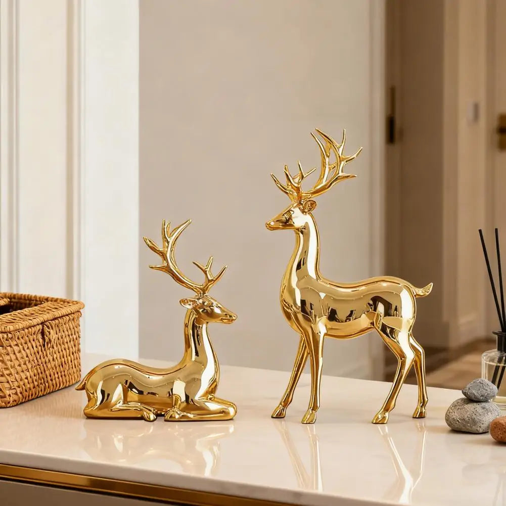 Gold Christmas Reindeer Statue Pair – Elk Figurine Home Décor Holiday Figurine Set Nixie