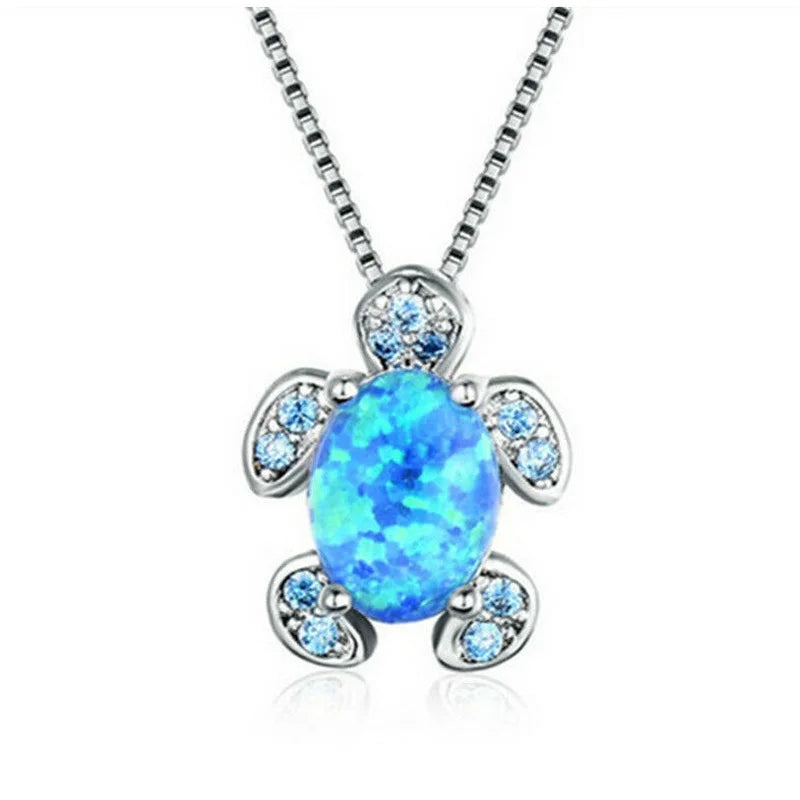 Blue Simulated Opal Turtle Pendant Necklace | Zinc Alloy Pendant Necklace Nixie Blue