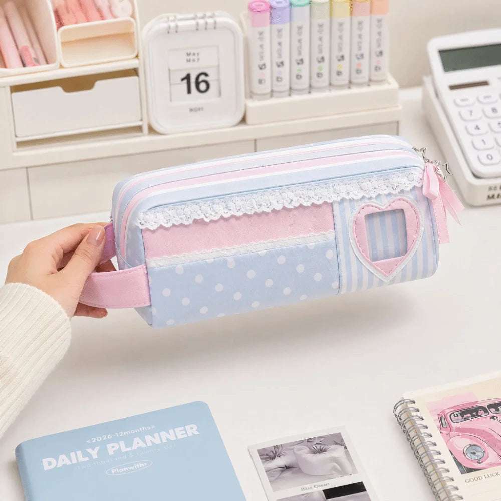Kawaii Pink Blue Polka Dot Pencil Case Large Capacity Pouch Pencil Case Pouch Nixie