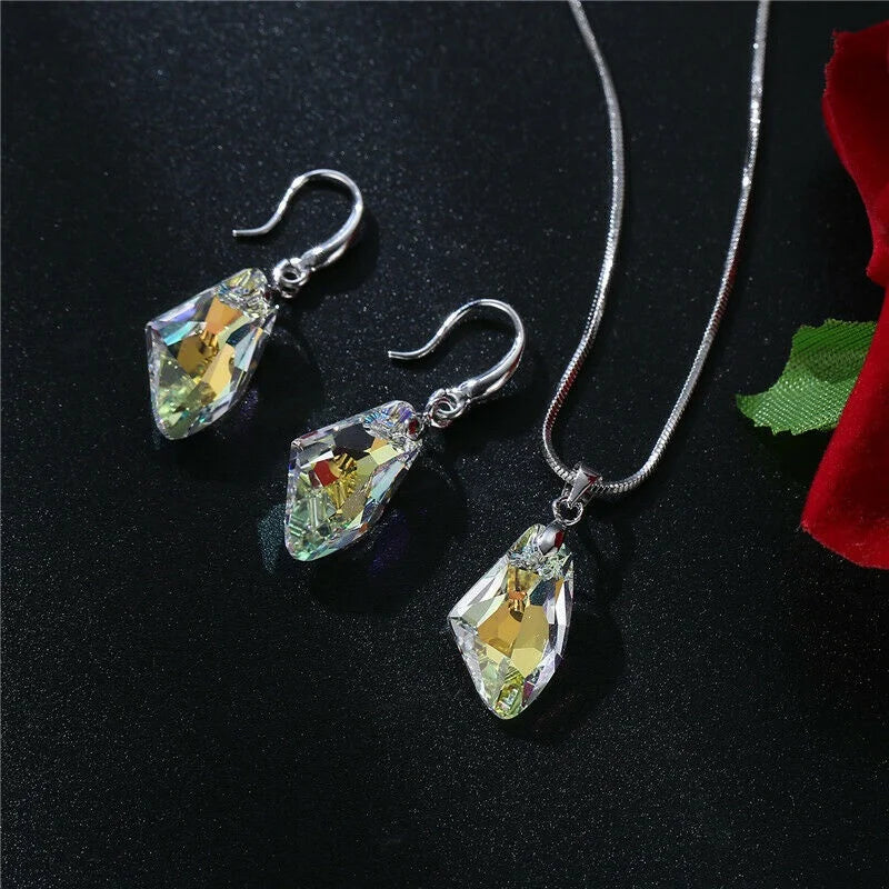 Women's Silver AB Crystal Pendant Necklace & Earrings Set Crystal Jewelry Set Nixie