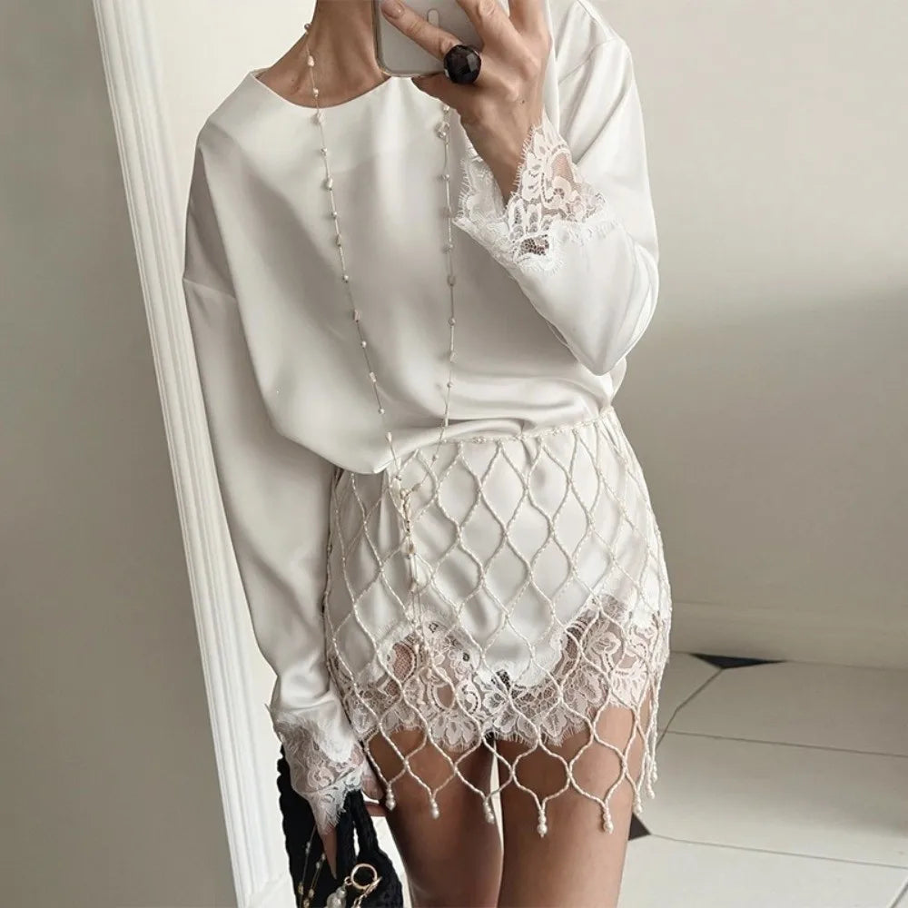 Women's Satin Lace Trim Long Sleeve Mini Dress – Loose Fit
