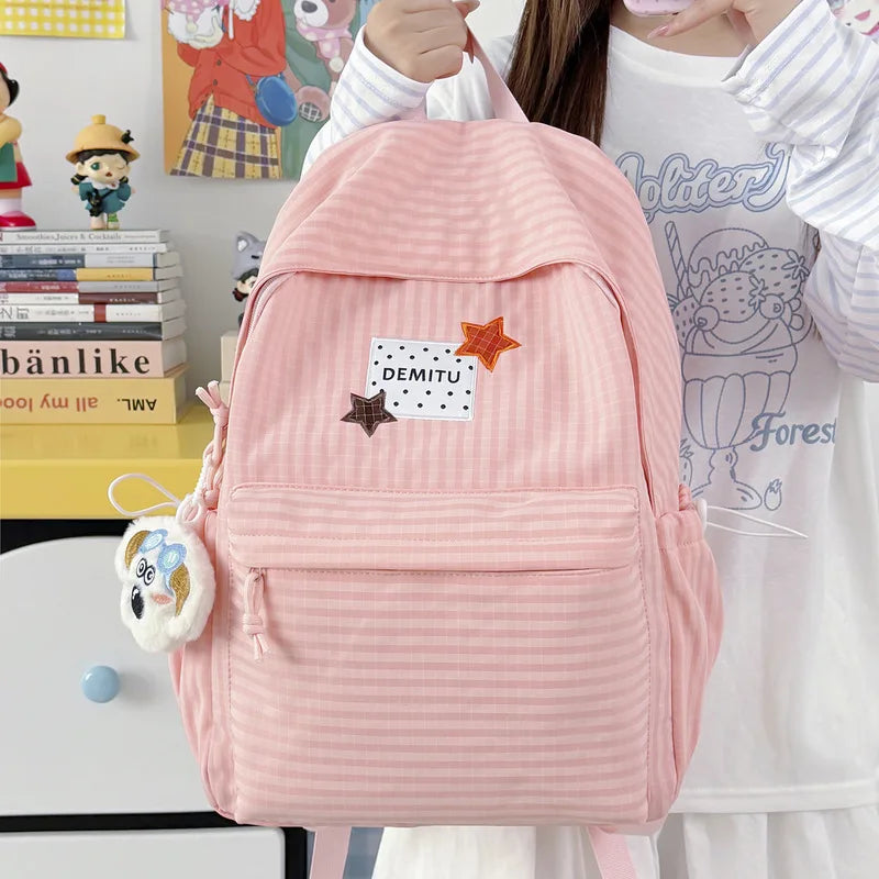 Milky Pink Star Patch Girls Backpack – Soft Flannel School Bag Girls Backpack Nixie