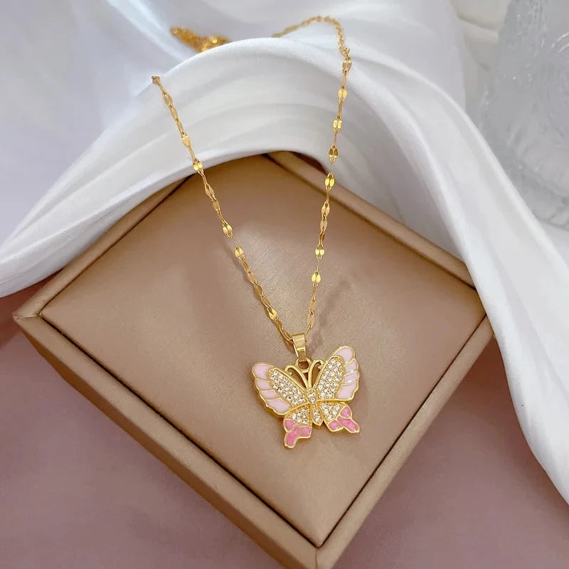 Zircon Butterfly Pendant Necklace | Gold Stainless Steel Pendant Necklace Nixie
