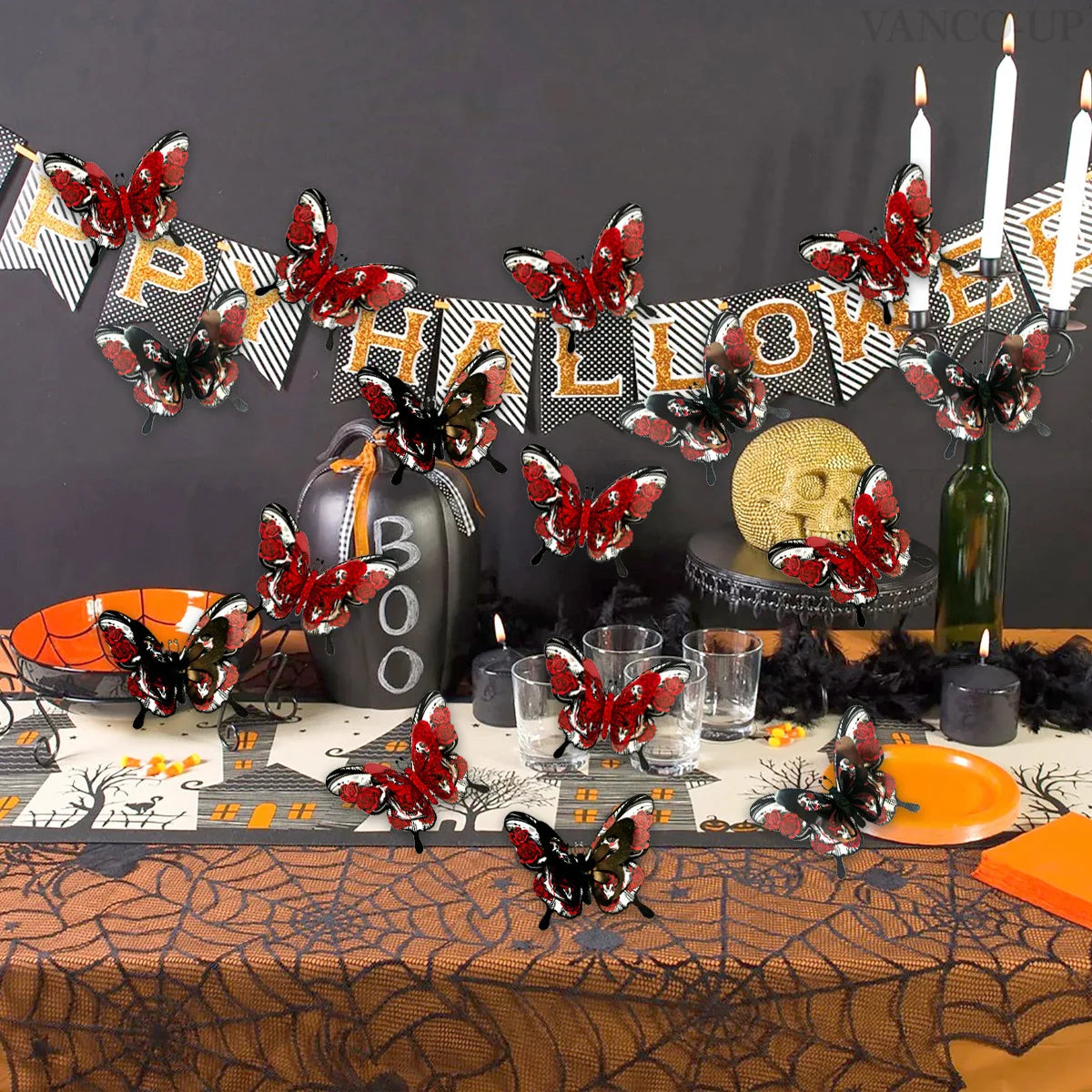 3D Skull Rose Butterfly Halloween Wall Stickers – 12 Pcs Halloween Wall Stickers Nixie