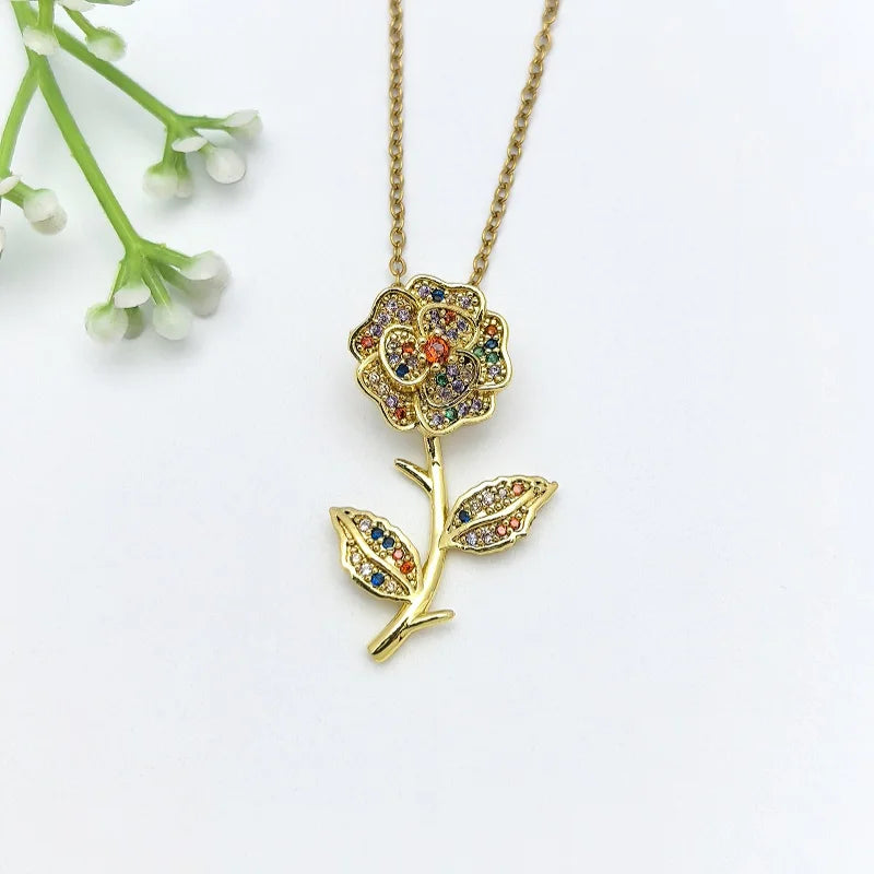Zircon Flower Pendant Necklace | Gold Stainless Steel | Nixie Pendant Necklace Nixie