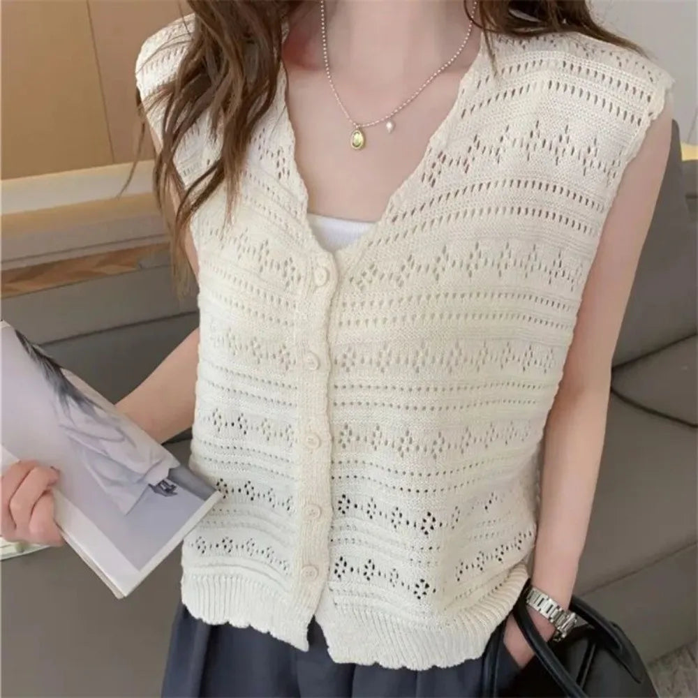 Women's Hollow Knit Sleeveless V-Neck Cardigan Sun-Proof Top Knit Sleeveless Cardigan Nixie
