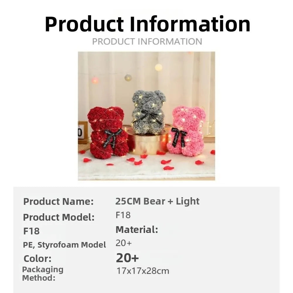 28cm Artificial Rose Teddy Bear with LED Strip | Multicolor Gift