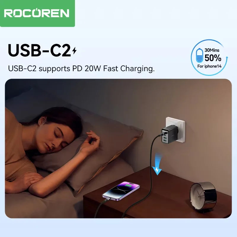 Rocoren GaN 45W 4-Port Fast Charger USB-C USB-A iPhone Samsung Multi-Port Wall Charger Nixie