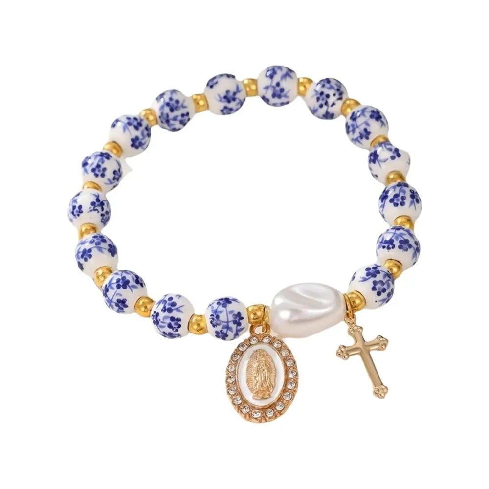 Blue & White Porcelain Ceramic Pearl Bracelet – Vintage Elastic Beaded Bracelet Nixie
