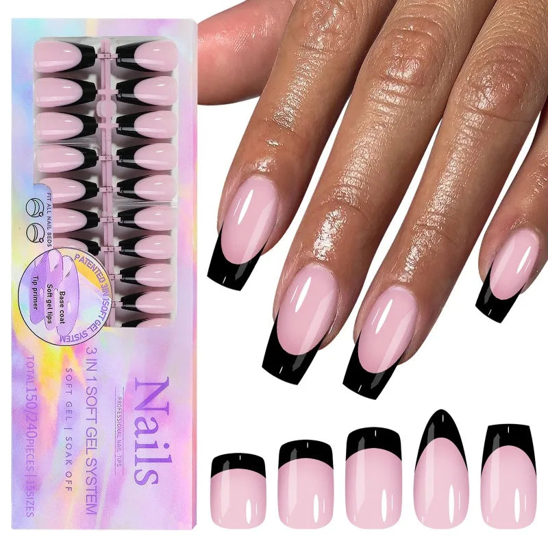 150pcs Press On Nails Black Pink French Tip with Rhinestones Press On Nails Nixie