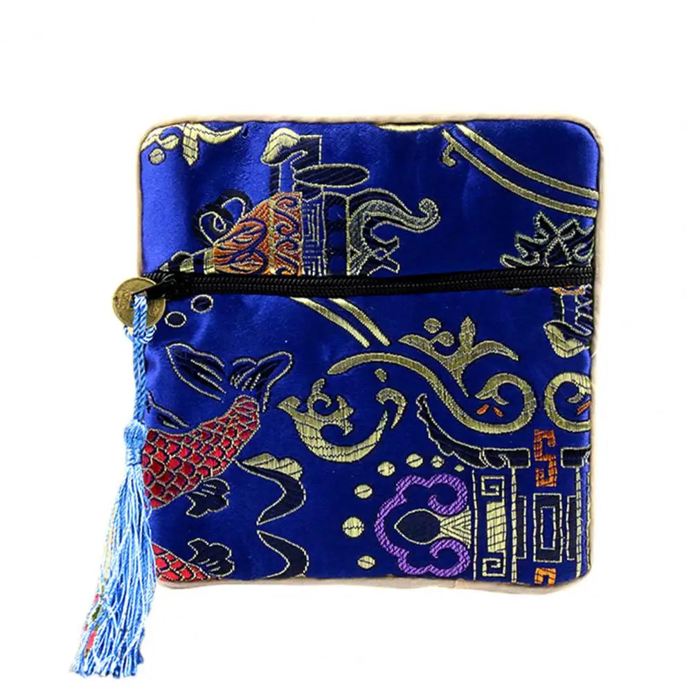 Chinese Brocade Embroidered Tassel Coin & Jewelry Pouch Brocade Zipper Pouch Nixie