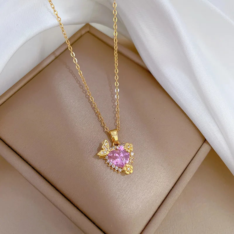 Chinese Micro-Set Heart Flower Copper Pendant Necklace | Nixie Pendant Necklace Nixie Gold-color