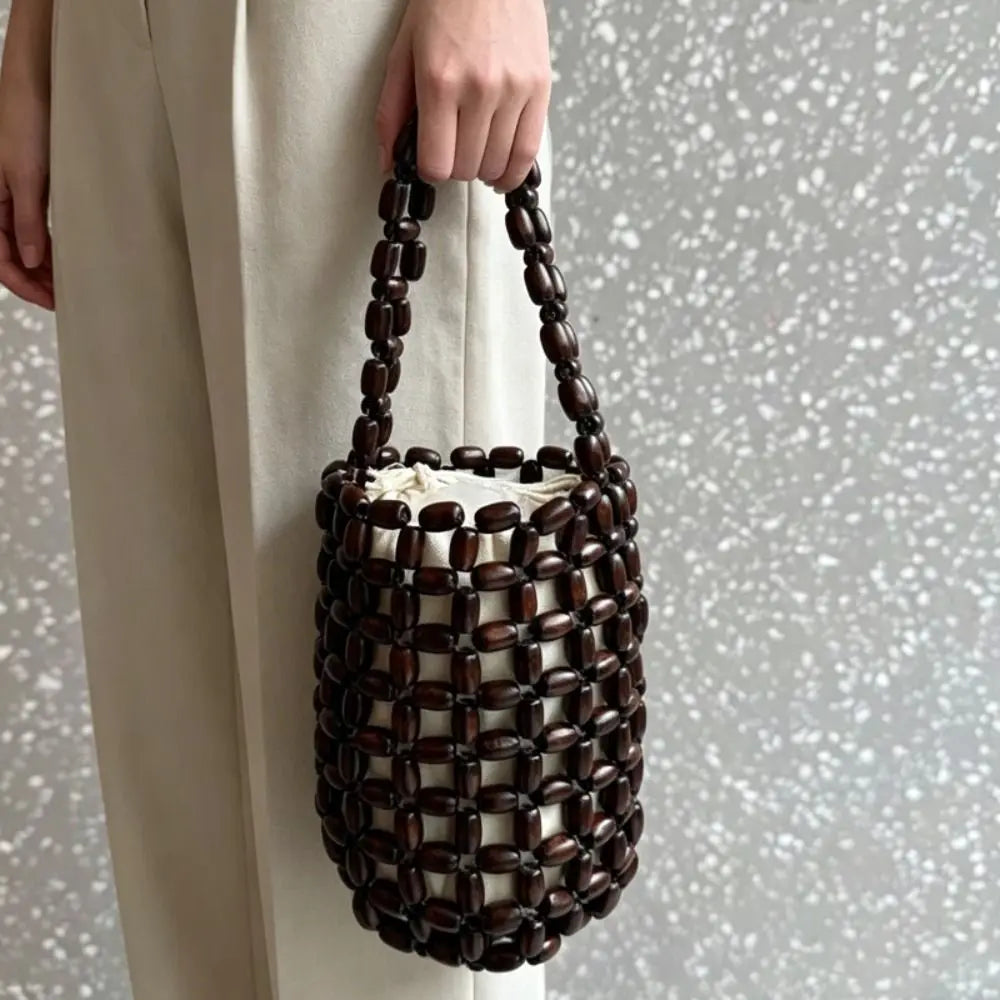 Handmade Wooden Bead Bucket Bag – Hollow Woven Mini Wrist Bag Woven Bucket Bag Nixie
