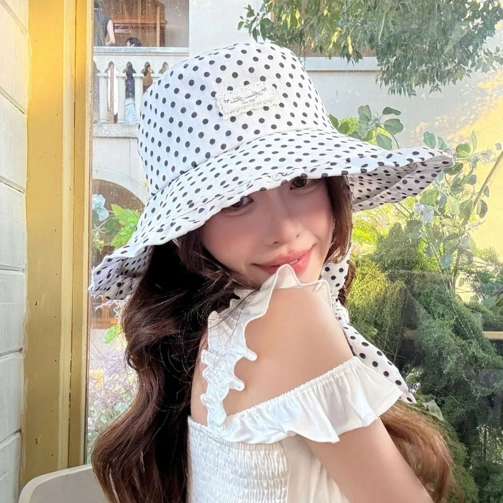Women's Polka Dot Wide Brim Bucket Sun Hat with Ribbon Bucket Sun Hat Nixie