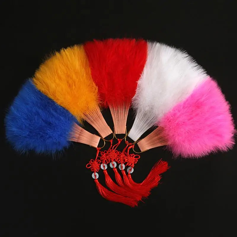 Colorful Feather Folding Fan with Tassels – Wedding & Dance Feather Folding Fan Nixie