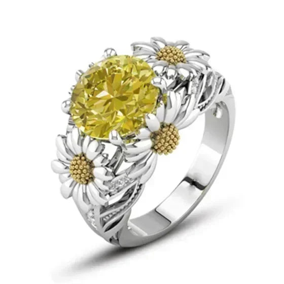 3.5Ct Zircon Citrine Daisy Ring Silver-Plated Unisex Sizes 6-10 Fashion Ring Nixie