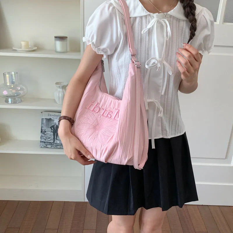 Korean Floral Embroidered Canvas Tote Bag | Large Shoulder Bag Canvas Tote Bag Nixie