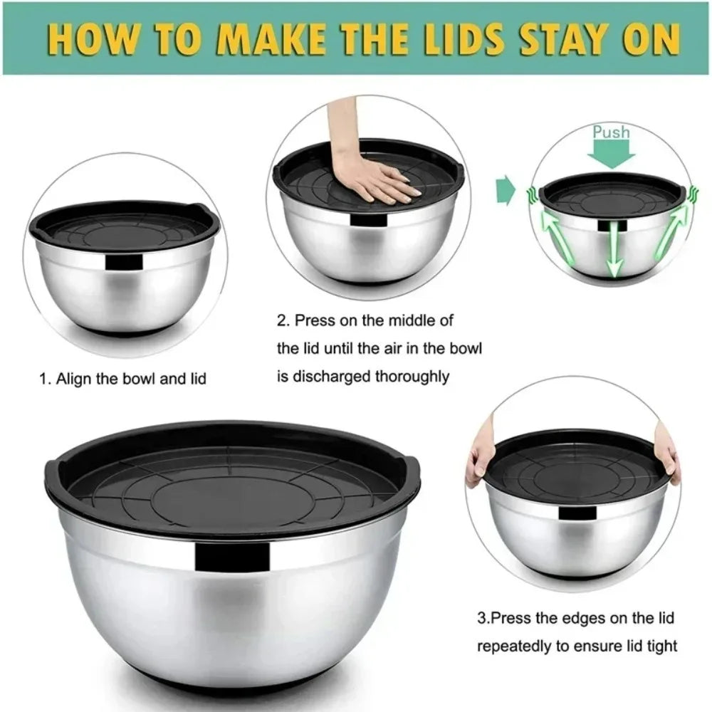 Stainless Steel Mixing Bowls with Airtight Lids & Silicone Base Mixing Bowl Set Nixie