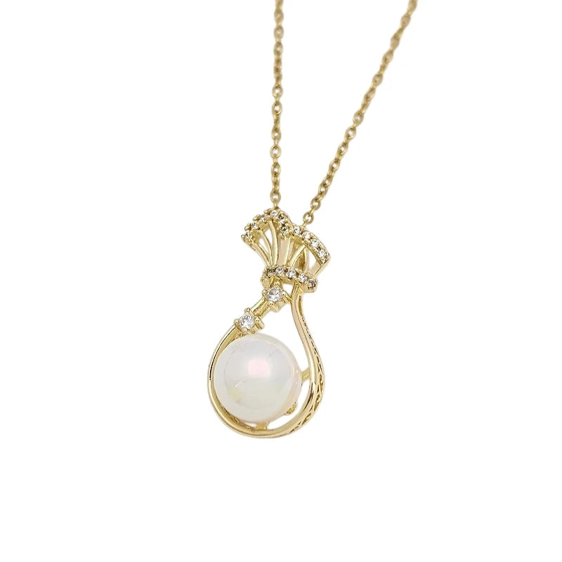 Imitation Pearl Zircon Pendant Necklace | Stainless Steel Chain Pendant Necklace Nixie