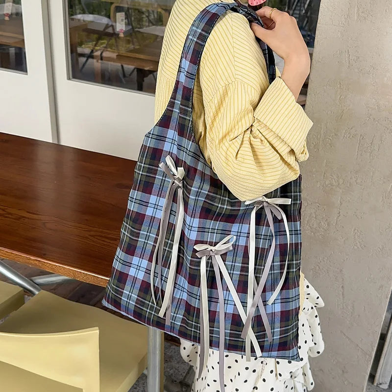 Korean Academia Plaid Bow Tote Bag – Large Canvas Shoulder Bag Canvas Tote Bag Nixie