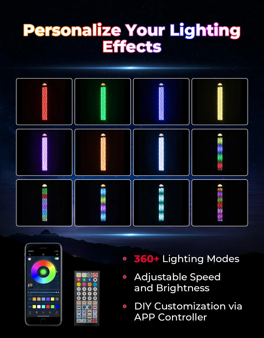 KEMIMOTO RGB Fat Whip Lights App & Remote – ATV UTV RZR Offroad LED Whip Lights Nixie