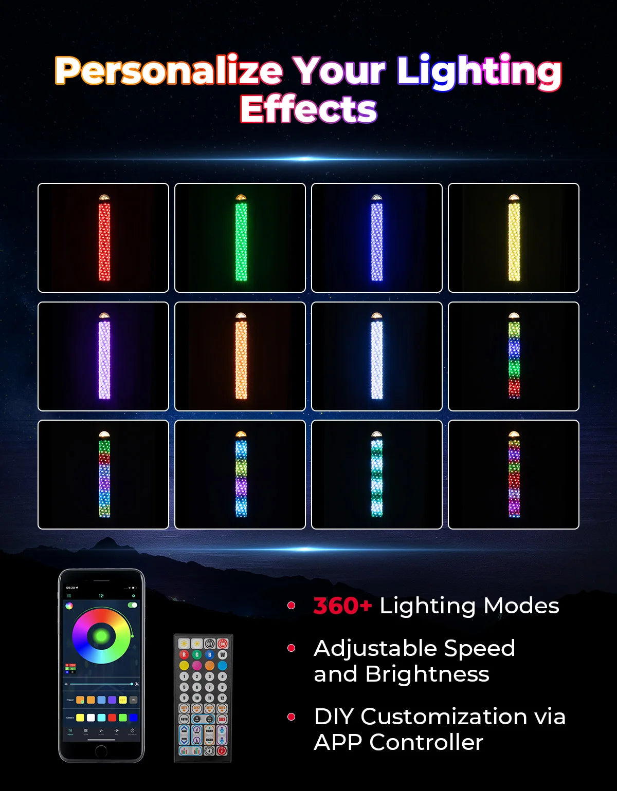 KEMIMOTO RGB Fat Whip Lights App & Remote – ATV UTV RZR Offroad LED Whip Lights Nixie