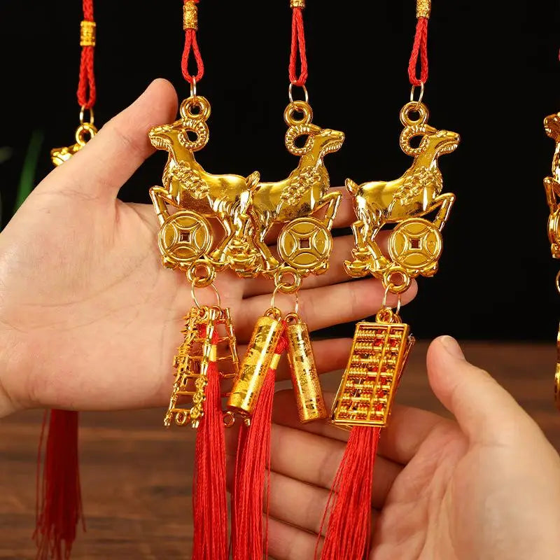 Golden Chinese Zodiac Goat Ornament with Red Tassel Lucky Charm Hanging Ornament Nixie