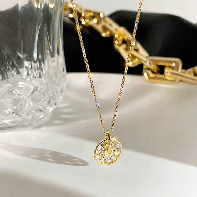 Zircon Wheel Pendant Necklace – Minimalist Gold Clavicle Chain Pendant Necklace Nixie