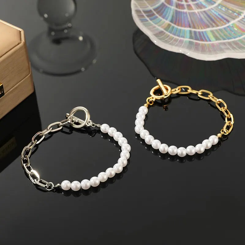 2pcs Vintage Pearl Metal Bead Strand Bracelets – Unisex Set Strand Bracelet Set Nixie