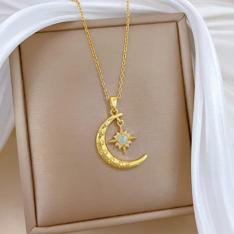 Star Moon Pendant Necklace | Gold Stainless Steel Choker Women Pendant Necklace Nixie