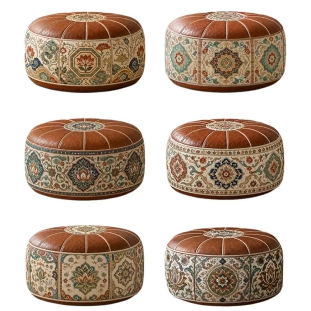 Boho Round Ottoman Pouf Cover – Fillable PU Leather Footstool Ottoman Pouf Cover Nixie