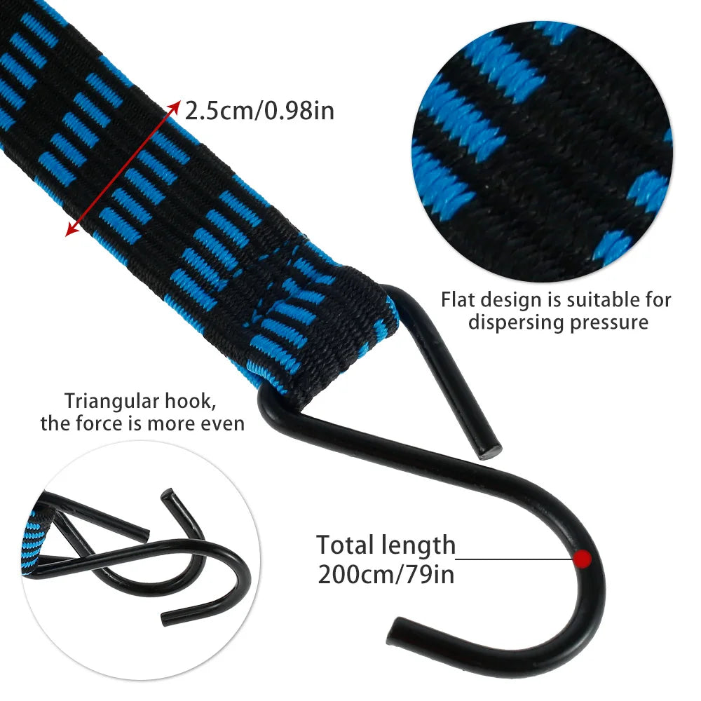 5-Pack Flat Bungee Cords with Hooks – 200cm Elastic Straps