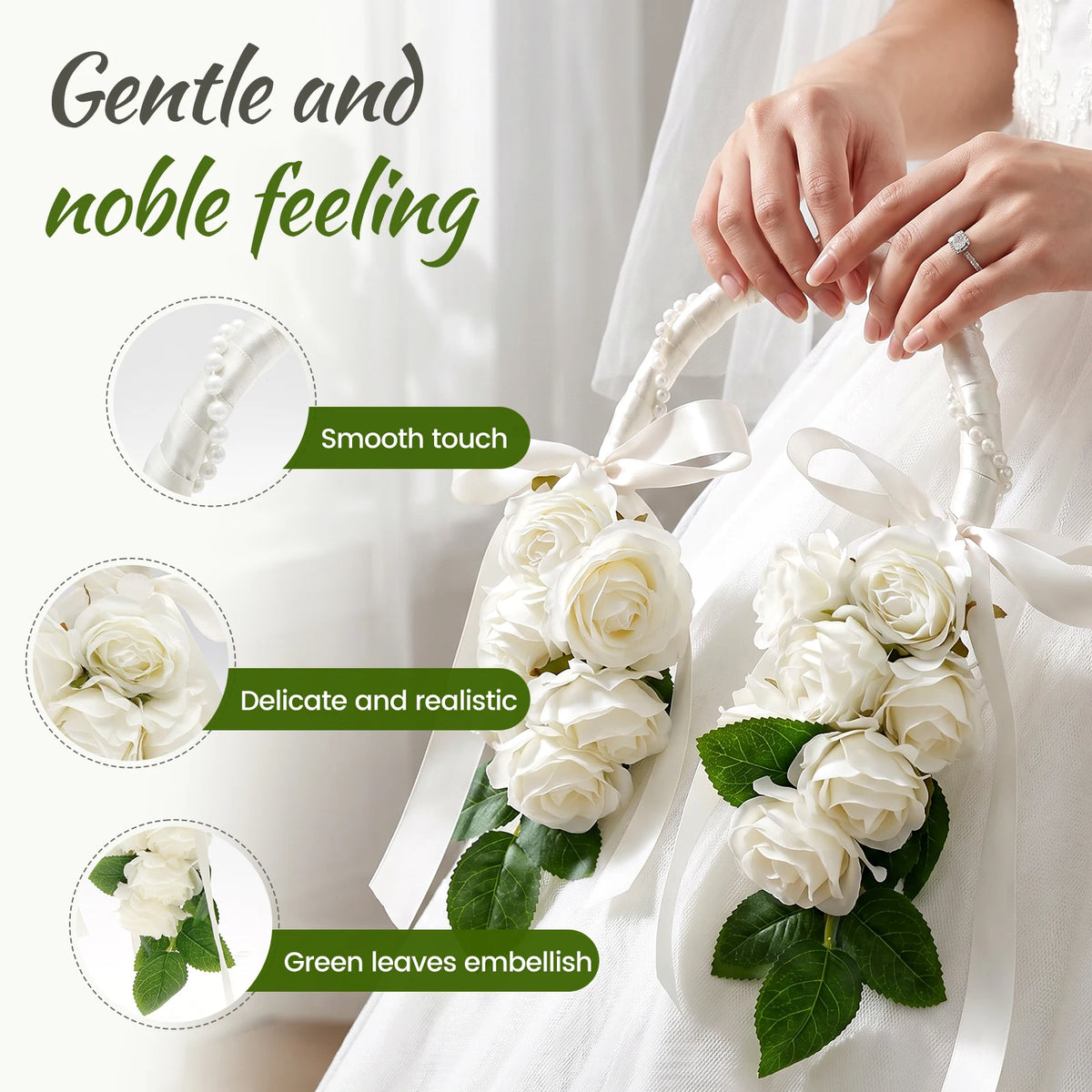 Artificial White Rose Bridal Bouquet with Pearl Handle Artificial Bridal Bouquet Nixie