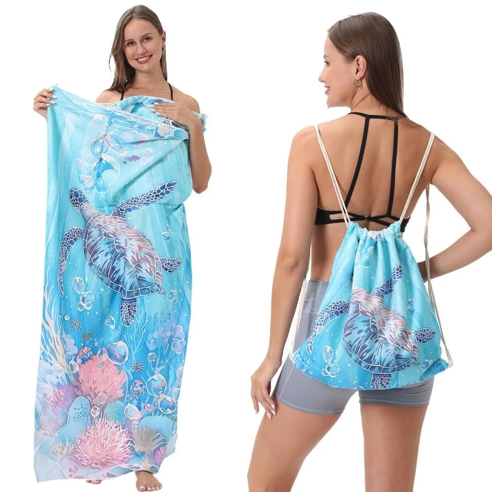 2-in-1 Microfiber Beach Towel with Foldable Storage Bag