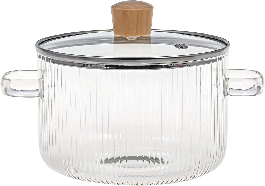 FEB.WIND 1.6L Glass Soup Pot with Lid & Wooden Handle Glass Cooking Pot Nixie 1 pcs