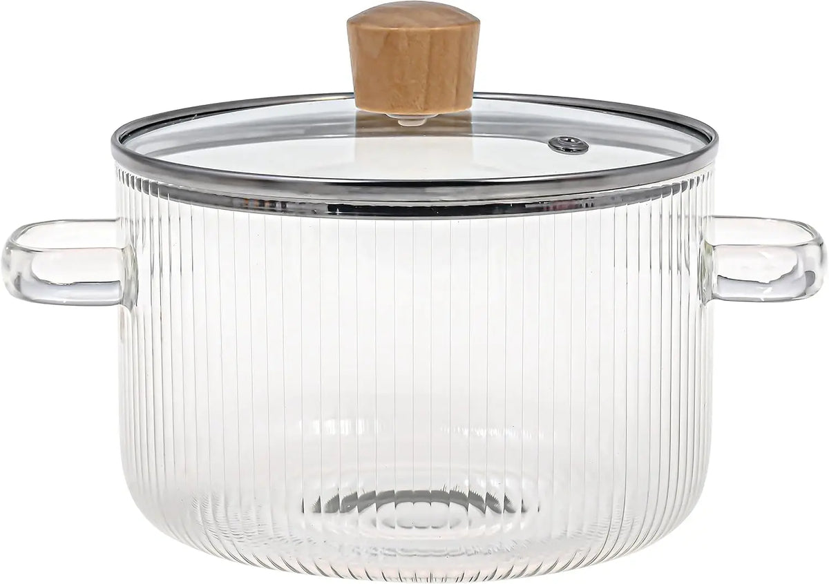 FEB.WIND 1.6L Glass Soup Pot with Lid & Wooden Handle Glass Cooking Pot Nixie 1 pcs