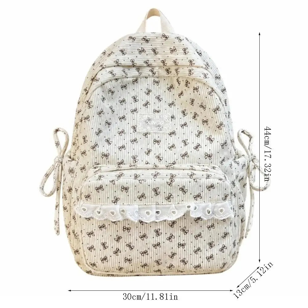 Korean Corduroy Backpack Bow Knot Polka Dot Preppy School Bag