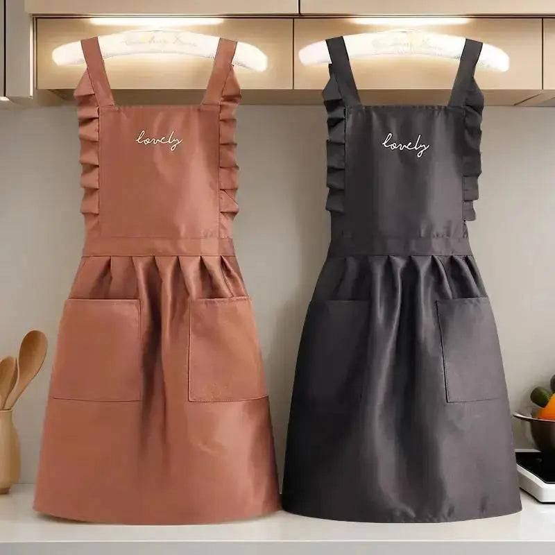 Women's Waterproof Canvas Apron – Ruffle Polka Dot & Large Pocket