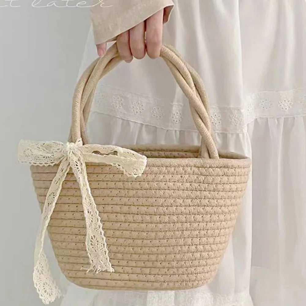 Boho Cotton Rope Woven Bucket Bag – Beach Tote Handbag Woven Bucket Handbag Nixie