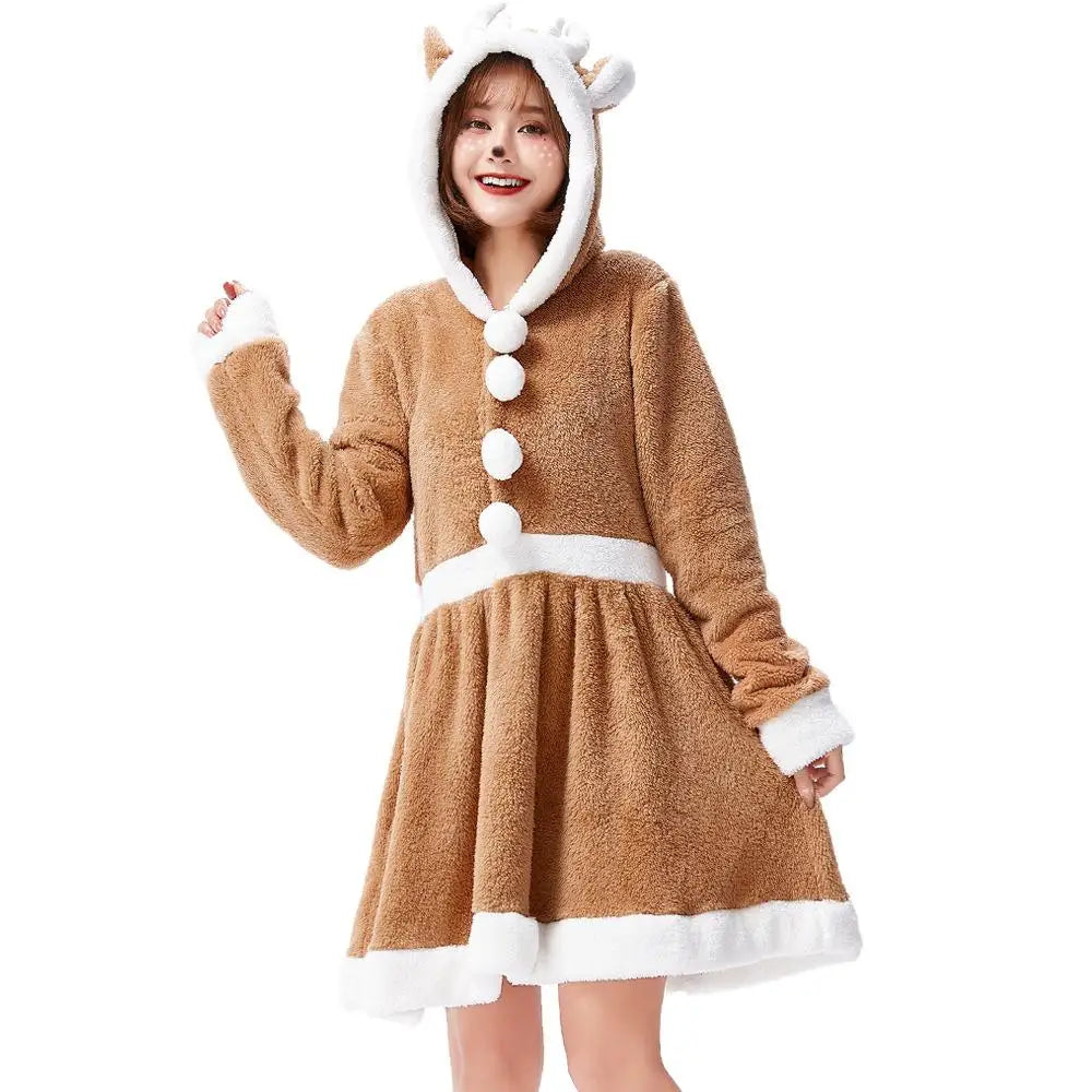 Women's Reindeer Velvet Hooded Dress – Christmas Cosplay Costume