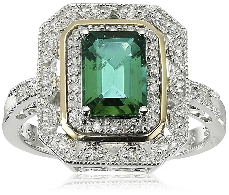 Art Deco Green Zircon Silver & Gold Fashion Ring | Sizes 6–10 Fashion Ring Nixie