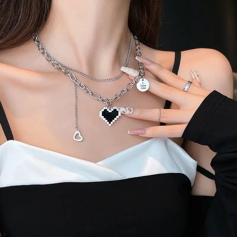 2PCS Hip Hop Gold Plated Mosaic Heart Pendant Necklace Set Pendant Necklace Set Nixie