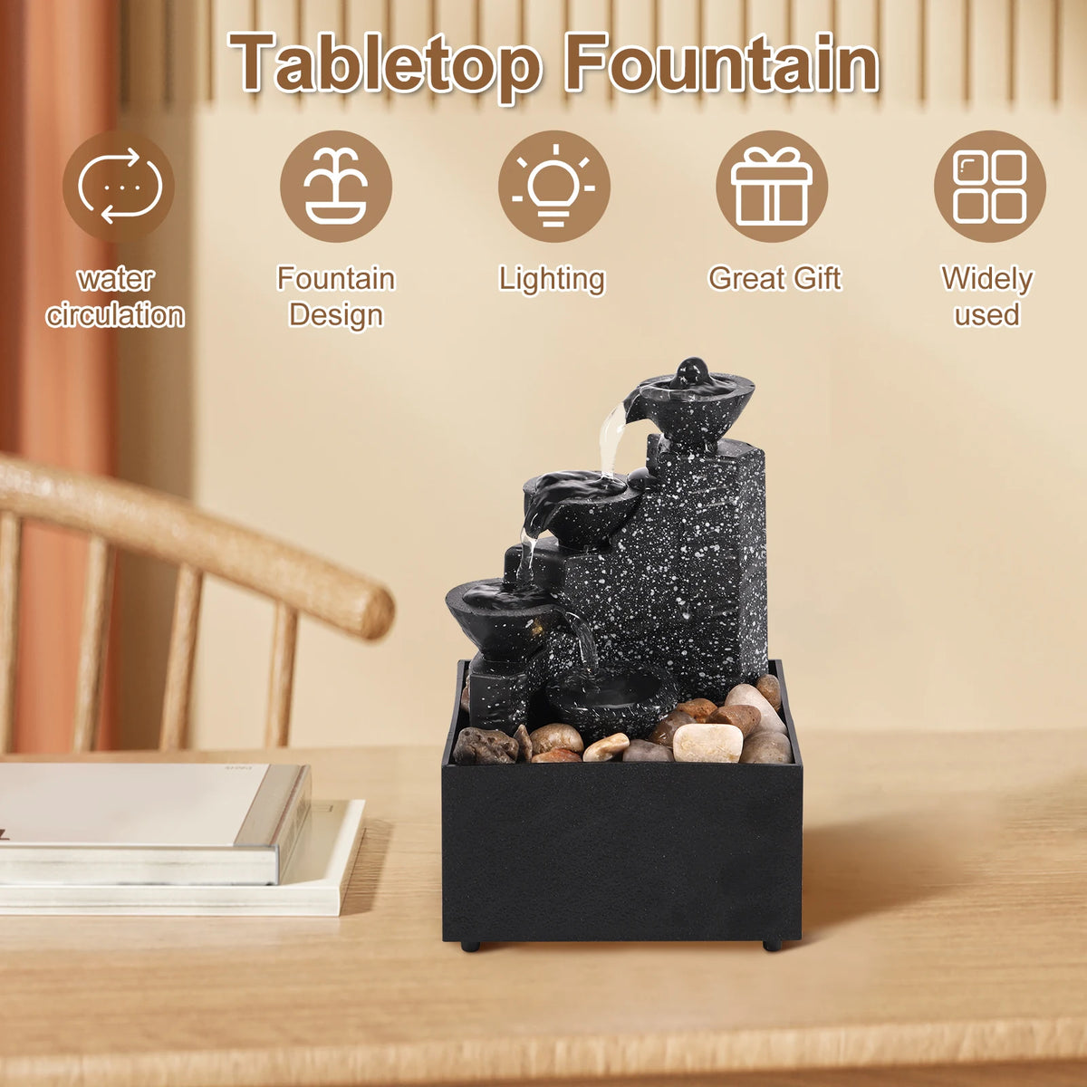 Tabletop Waterfall Fountain – Feng Shui Desktop Decor, Black