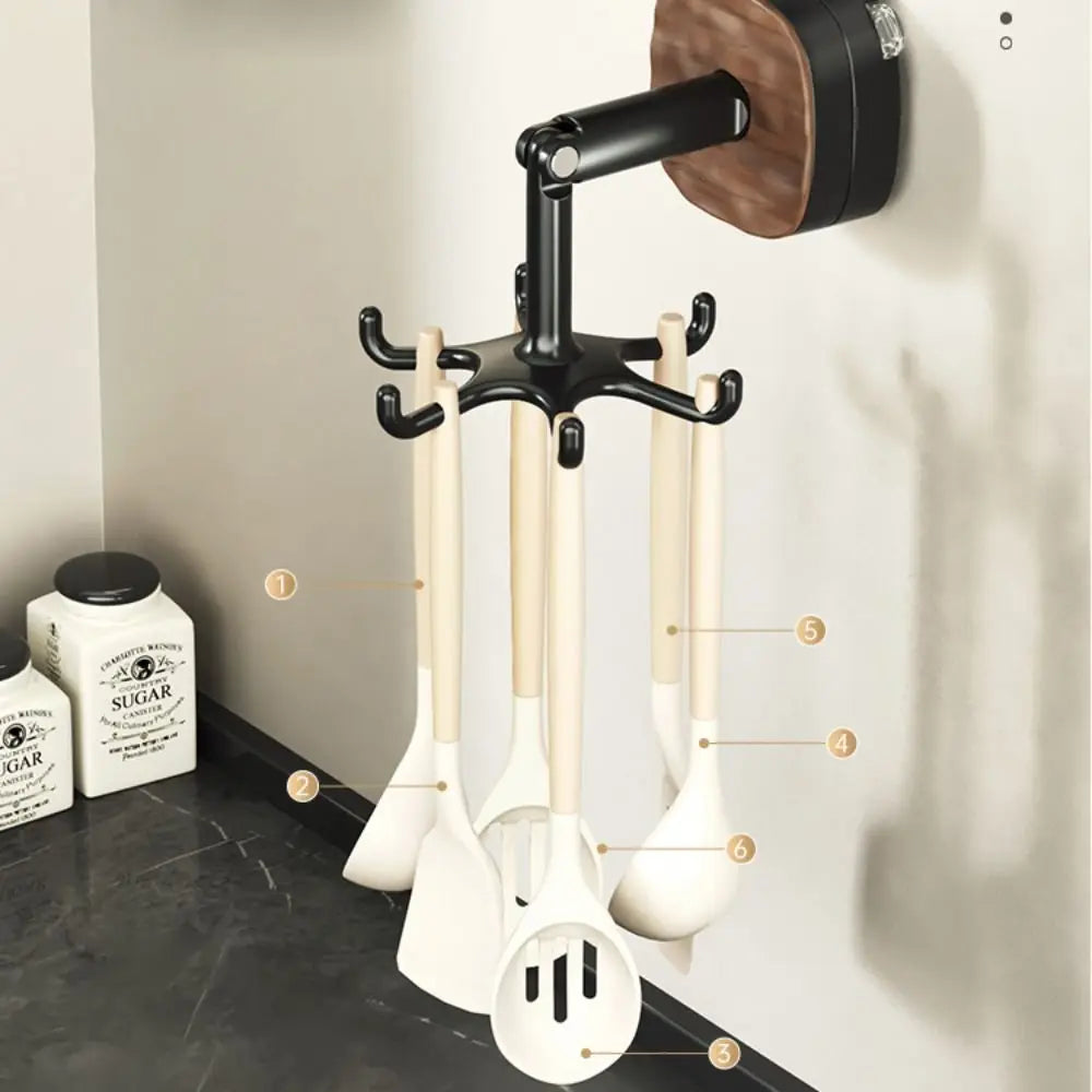 360° Rotating 6-Hook Kitchen Organizer – No-Drill Wall Hanger