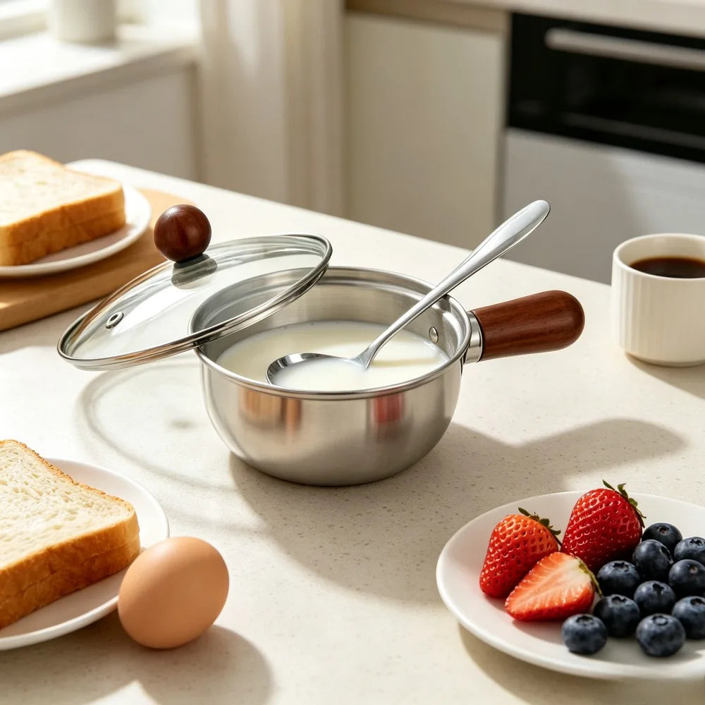 Stainless Steel Mini Saucepan Set – Wooden Handle, Lid & Spoon Saucepan Cookware Set Nixie