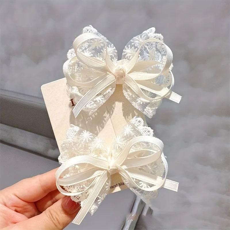 2Pcs Lace Bow Hairpins – Red Ribbon & White Floral Hair Clips Bow Hair Clips Nixie WHITE
