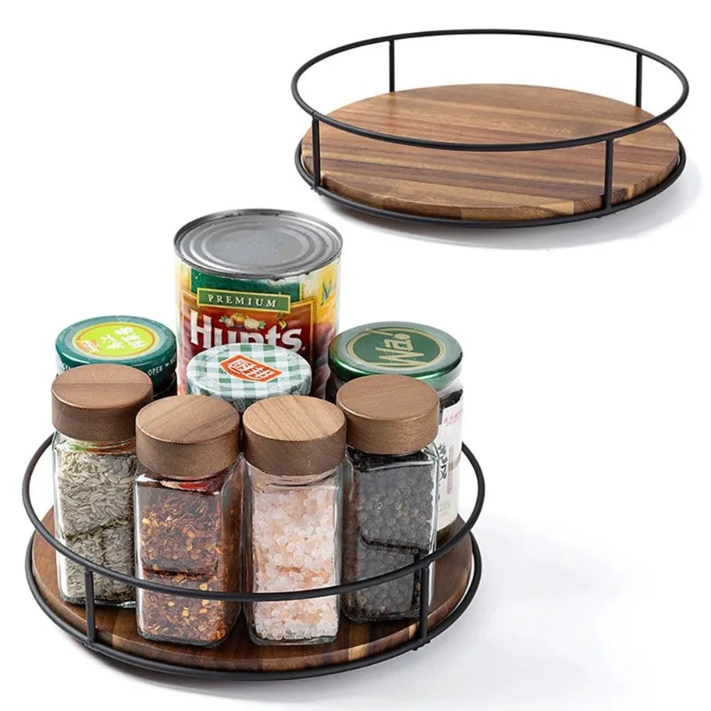 Acacia Wood Lazy Susan Turntable with Metal Frame | Kitchen Organizer Lazy Susan Organizer Nixie