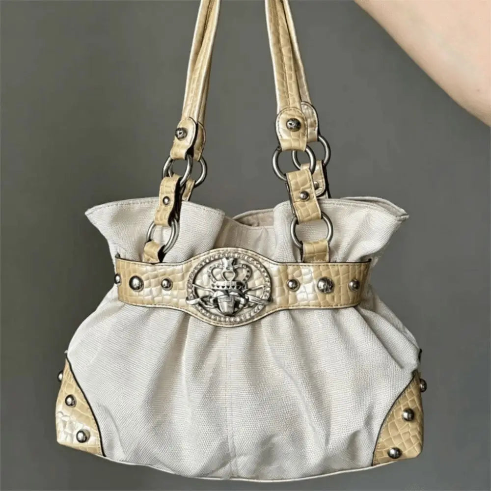 Canvas Y2K Shoulder Bag – Large Rivet Tote Handbag | Nixie