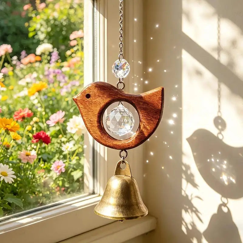 Wooden Fish & Bird Wind Chime – Crystal & Brass Bell Décor Decorative Wind Chime Nixie